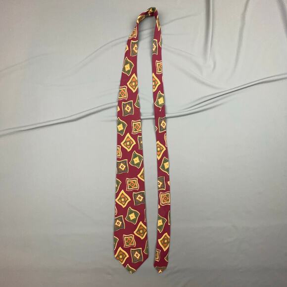 Brandini Italian Silk Tie | Red Yellow Green Geometric | 60" x 3.75" - Picture 2 of 4